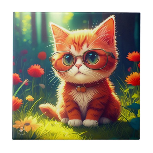 Cute Red Kitten Wearing Glasses-365478 Kakelplatta (Framsidan)