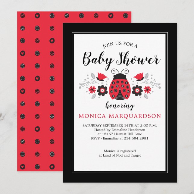 Cute Red Ladybug Girl Baby Shower Inbjudningar (Fram/baksida)