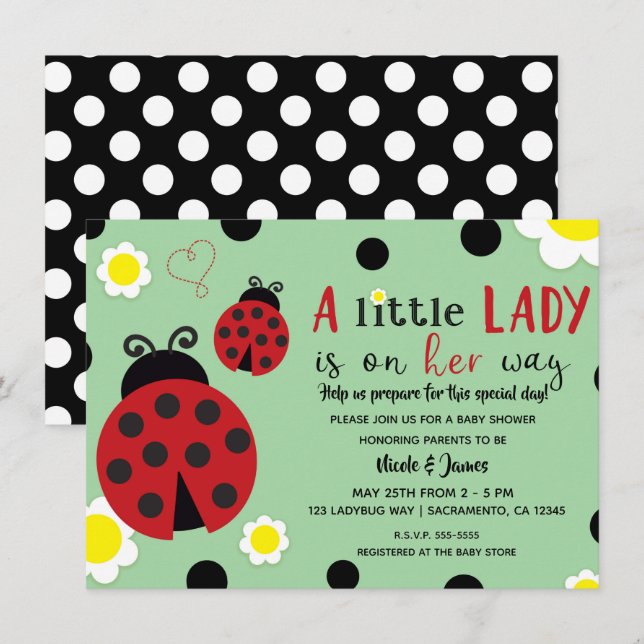Cute Red Ladybug Grönt Flowers Girls Baby Shower I Inbjudningar (Fram/baksida)