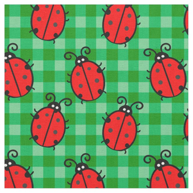 Cute red ladybug på grönt plaid burk tyg (Närbild)