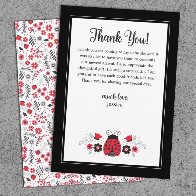 Cute Red Ladybug Tack Kort (A cute ladybug baby shower thank you card featuring a ladybug, and flowers.)