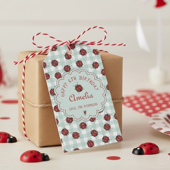 Cute Red Ladybug & Turquise Gingham Mönster Kids Presentetikett (Cute Red and Black Ladybug Gift Tags for Ladybug Kids Birthday Party, Insect Lover or Nature Lover)