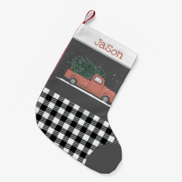 Cute Red lastbil buffalo pläderade svartvit monogr Liten Julstrumpa