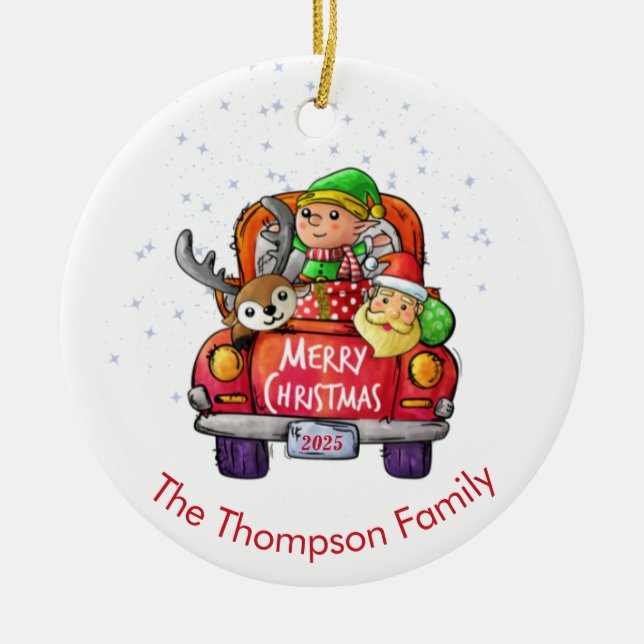 Cute Red Lastbil jul Namn Santa Elf Reindeer Julgransprydnad Keramik (Framsidan)