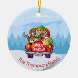 Cute Red Lastbil jul Snö Santa Elf Reindeer Julgransprydnad Keramik