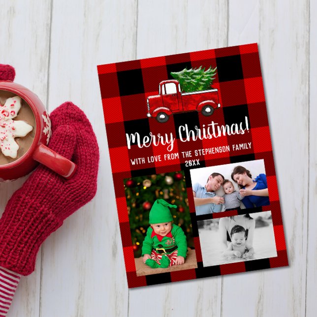 Cute Red Lastbil Rustic-julfamiljen 3 Foto Inbjudningar (cute red pickup truck buffalo plaid photo collage christmas card with grandkids)