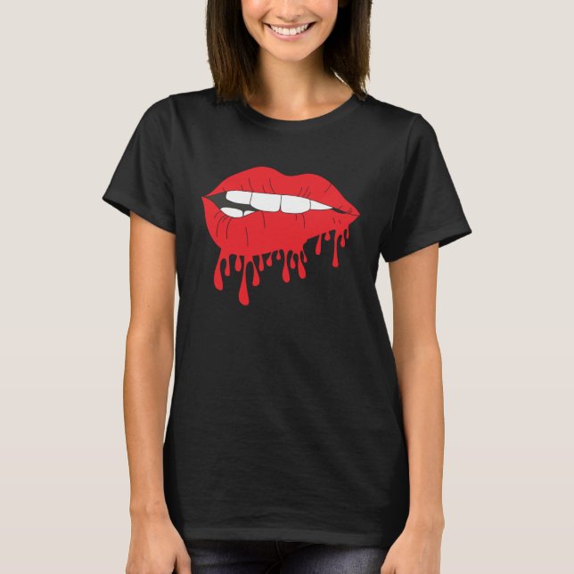 Cute Red Lips Bite Biting Hot Desiring Temptation  T Shirt (Framsida)