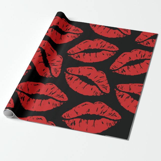 Cute Red Lipstick Kisses Kiss Läppar mönster Presentpapper (Utrullad)