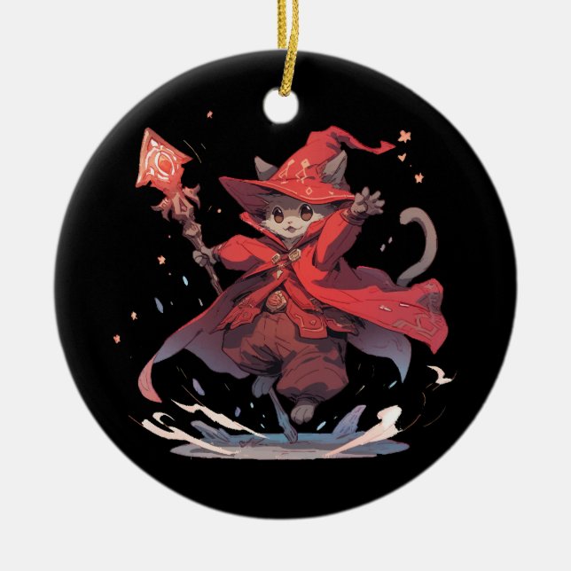 Cute Red Mage Cat Hero Julgransprydnad Keramik (Framsidan)