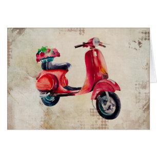 Cute Red Moped in Watercolor with Flower Basket Hälsningskort