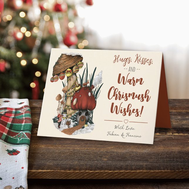 Cute Red Mushroom House God jul Card Helgkort (Hugs kisses and warm christmas wishes mushroom pun holiday card.)