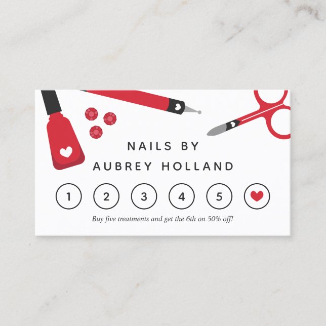Cute Red Nail Artist Verktyg Loyalty Card Visitkort (Framsida)