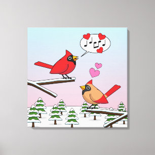 Cute Red Northern Cardinals Kärlek Winter Ligge Canvastryck