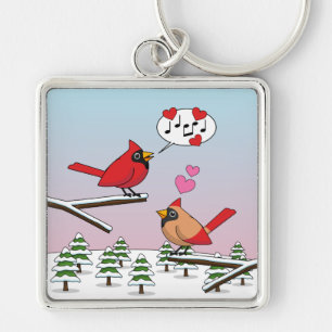 Cute Red Northern Cardinals Kärlek Winter Ligge Fyrkantig Silverfärgad Nyckelring
