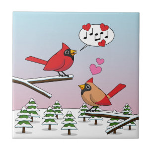 Cute Red Northern Cardinals Kärlek Winter Ligge Kakelplatta