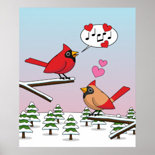 Cute Red Northern Cardinals Kärlek Winter Ligge Poster