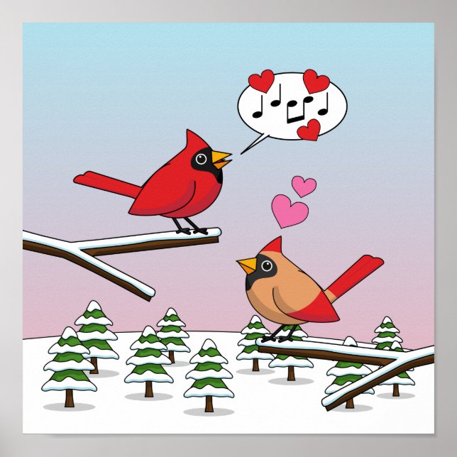 Cute Red Northern Cardinals Kärlek Winter Ligge Poster (Framsidan)