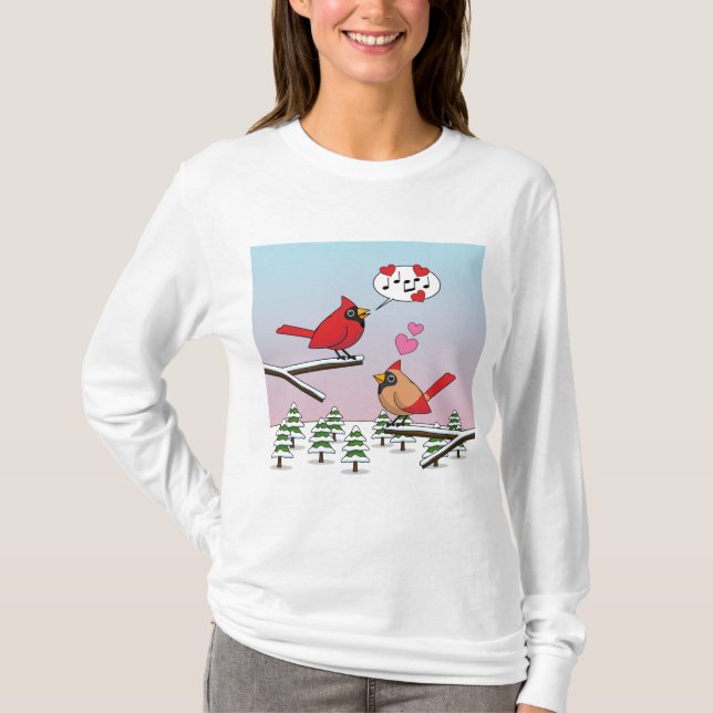 Cute Red Northern Cardinals Kärlek Winter Ligge T Shirt (Framsida)