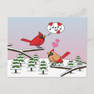 Cute Red Northern Cardinals Kärlek Winter Ligge Vykort