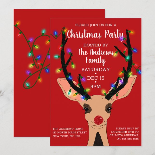 Cute Red Nose Reindeer Glowing Ljus jul Inbjudningar (Fram/baksida)