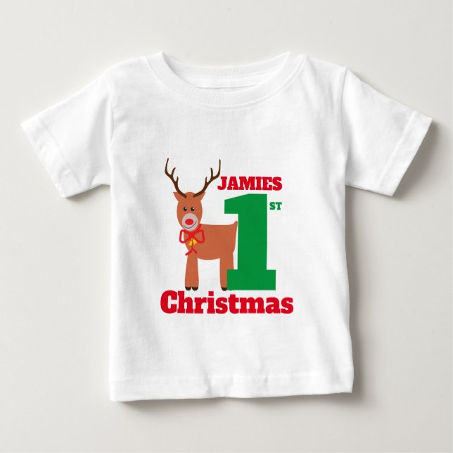 Cute Red Nposed Reindeer Baby Första jul T Shirt (Framsida)