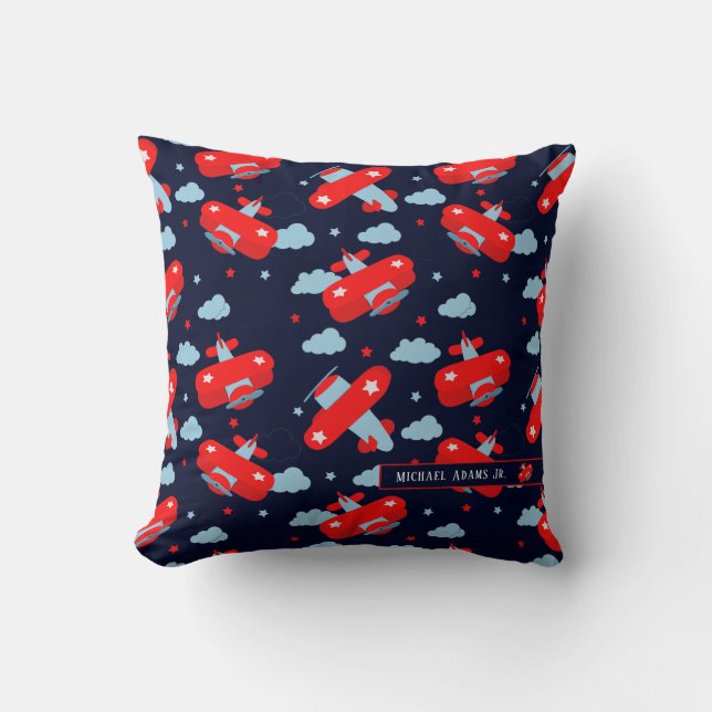 Cute Red och Blue Flygplan och Clouds Kids Monogra Kudde (Framsida)