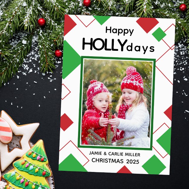 Cute Red och Grönt Lycklig Hollydays Kids jul Julkort (modern red white and green happy holly days christmas card with geometric shapes for kids family)