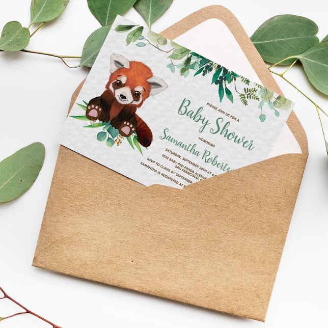 Cute Red Panda Bear Greenery Neutralt Baby Shower Inbjudan Vykort (Skapare uppladdad)