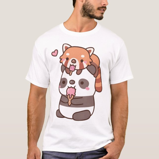 Cute Red Panda och Panda Eating Ice Cream for Summ T Shirt (Framsida)