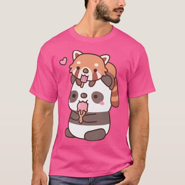 Cute Red Panda och Panda Eating Ice Cream for Summ T Shirt (Framsida)