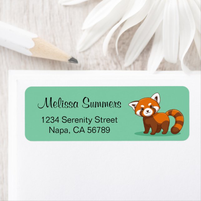 Cute Red Panda on Green Returadress Etikett (Insitu)