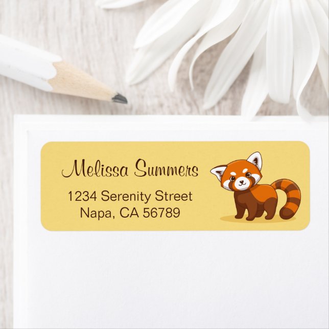 Cute Red Panda on Yellow Returadress Etikett (Insitu)