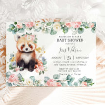 Cute Red Panda Rosa Blommigt Greenery Baby Shower