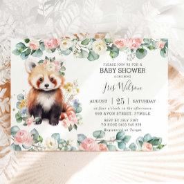 Cute Red Panda Rosa Blommigt Greenery Baby Shower Inbjudningar