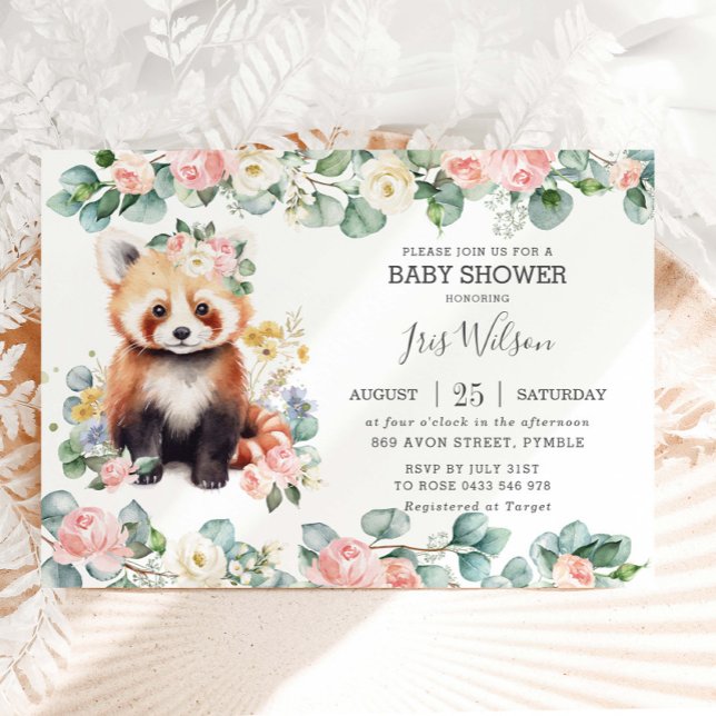 Cute Red Panda Rosa Blommigt Greenery Baby Shower Inbjudningar (Skapare uppladdad)