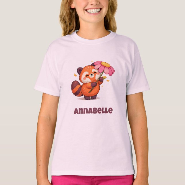 Cute Red Panda with Flower  T Shirt (Framsida)