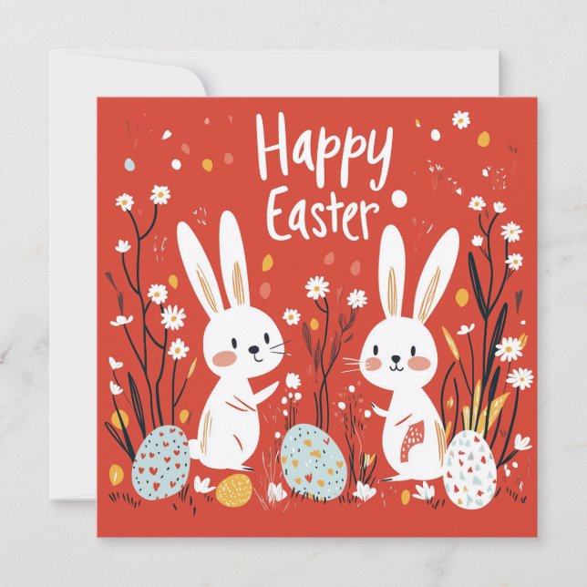 Cute Red Påsk Helgdag Card med två Bunnies Julkort (Framsida)