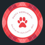 Cute Red Paw Skriv ut Lycklig Howlidays jul Runt Klistermärke<br><div class="desc">Kute hund/katt - julklistermärke.</div>