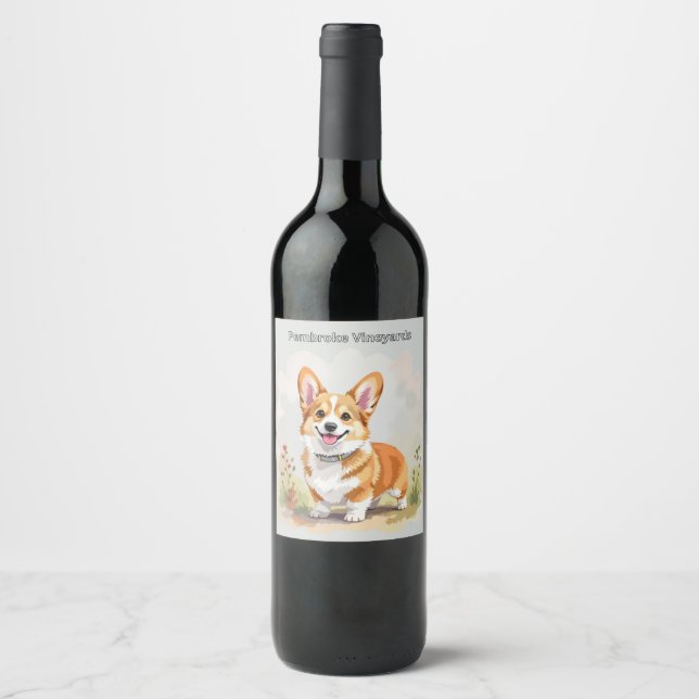 Cute Red Pembroke Welsh Corgi Dog Vinflaska Etikett (Framsida)
