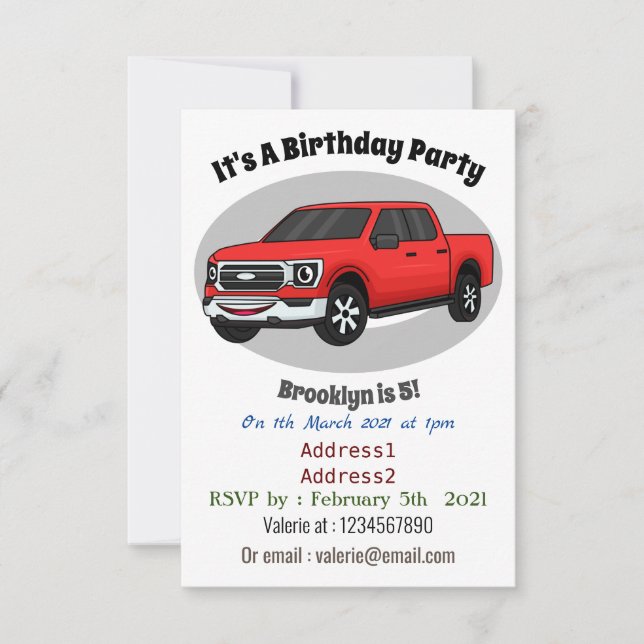 Cute Red pickup lastbil tecknad illustration Inbjudningar (Framsida)