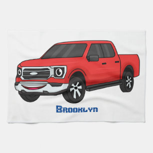 Cute Red pickup lastbil tecknad illustration Kökshandduk