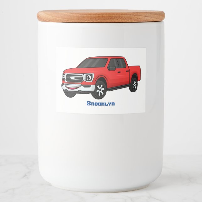 Cute Red pickup lastbil tecknad illustration Mat Etiketter (Framsida)