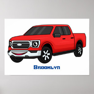 Cute Red pickup lastbil tecknad illustration Poster