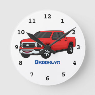Cute Red pickup lastbil tecknad illustration Rund Klocka