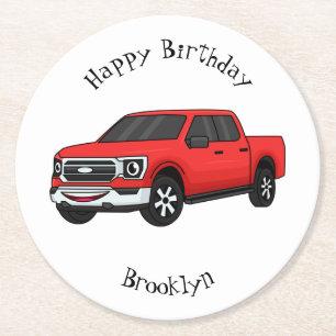 Cute Red pickup lastbil tecknad illustration Underlägg Papper Rund