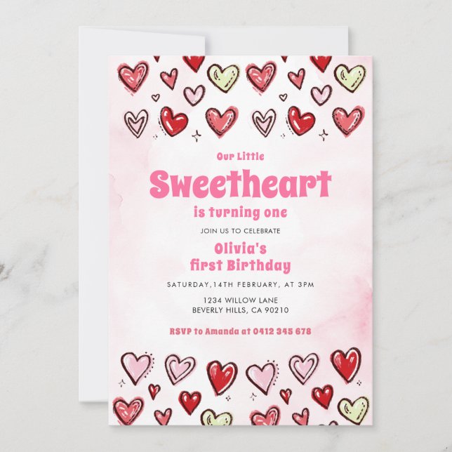 Cute Red Pink Hearths Valentine 1st Birthday  Inbjudningar (Framsida)