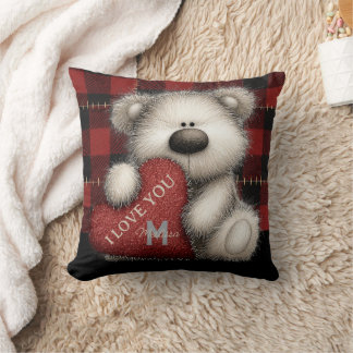 Cute Red Plaid Bear I Love You Custom Monogram Kudde