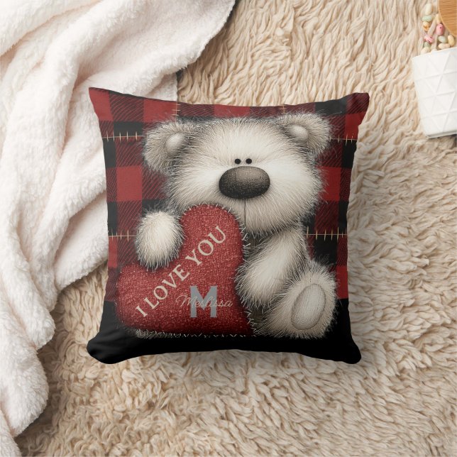 Cute Red Plaid Bear I Love You Custom Monogram Kudde (Filt)