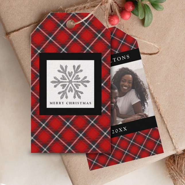 Cute Red Play-julfotopapper, Märkre Presentetikett (An elegant photo Christmas tag featuring a snowflake and your family photo.)
