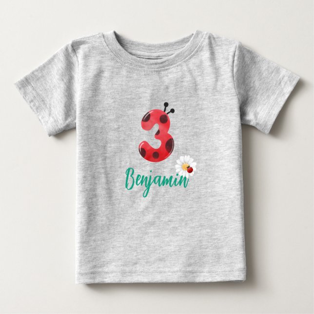 Cute Red Polka dot Ladybug 3rd Birthday party namn T Shirt (Framsida)